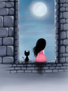 Dívka s kočkou pod lunárními paprsky - wallpaper preview