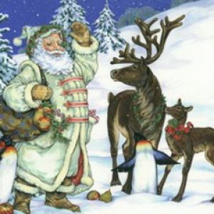 Santa Claus s soby a tučňáky